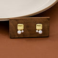 Brushed Square Metal Pearl Duo Stud Earrings Gold Tone view 3