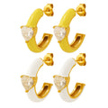 Yellow White Enamel C-Hoops Heart Zircon Gold Posts view 5