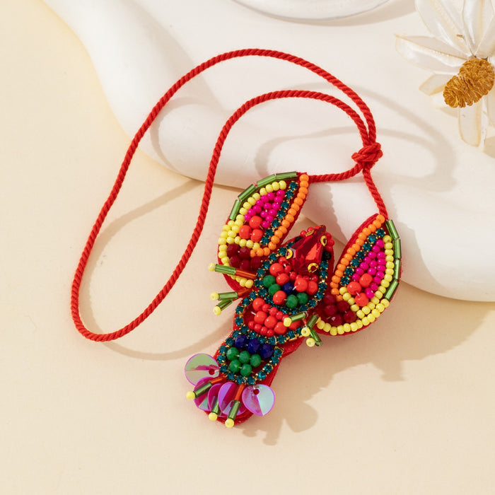 Beaded Lobster Charm Pendant with Red Cord and Sequin Tail