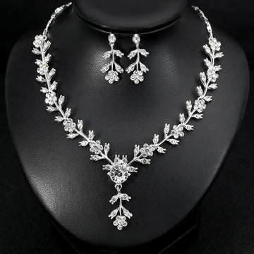 Black Silver Tone Crystal Leaf Vine Metal Necklace and Earring Set