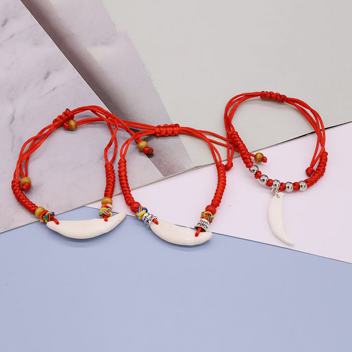 Red Cord White Tooth Shape Beaded Adjustable Bracelets