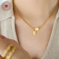 Gold Curb Chain Good Luck Tag Oval Disc Pendant Necklace view 3