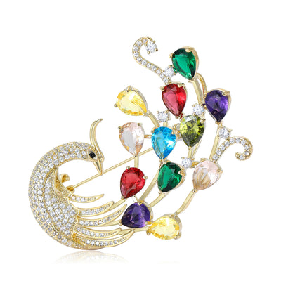 Multicolor Crystal Peacock brooch shown in front product view