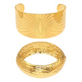 Gold Steel Wide Sunburst Cuff And Textured Hinge Bangles view 5