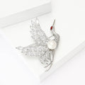 Silver Crystal Red Crowned Crane Brooch White Pearl Body view 3