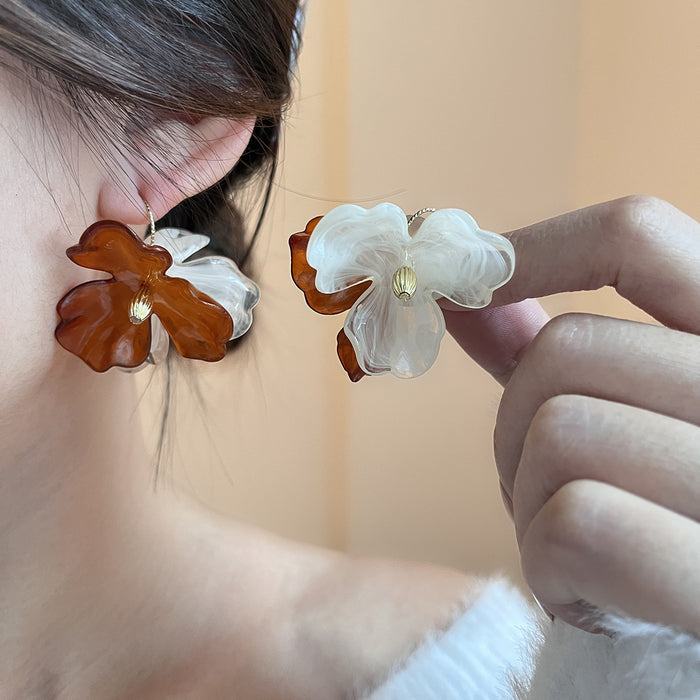 Brown and White Translucent Petal Cluster Earrings