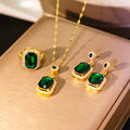 Green Rectangular Crystal Look Necklace Earring and Ring Set view 1