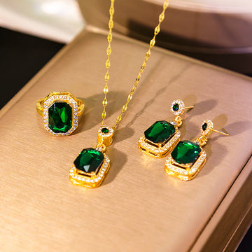 Green Rectangular Crystal Look Necklace Earring and Ring Set