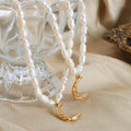 Gold Crescent Moon Pendant Freshwater Pearl Necklace view 2