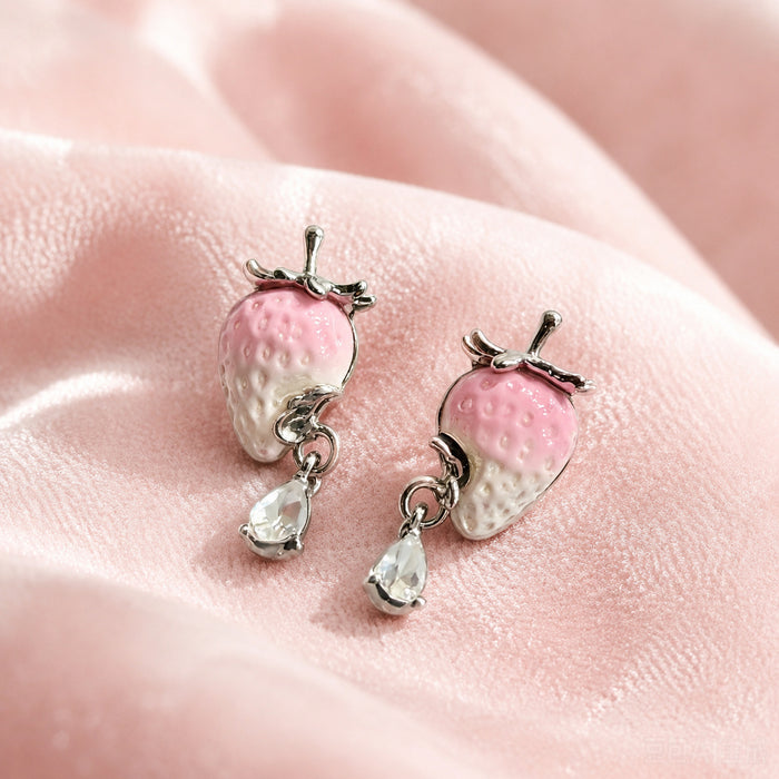 Pink White Strawberry and Clear Drop Silver Tone Earrings