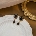 Black Oval Rhinestone Drop Earrings Teardrop Gold Tone view 2