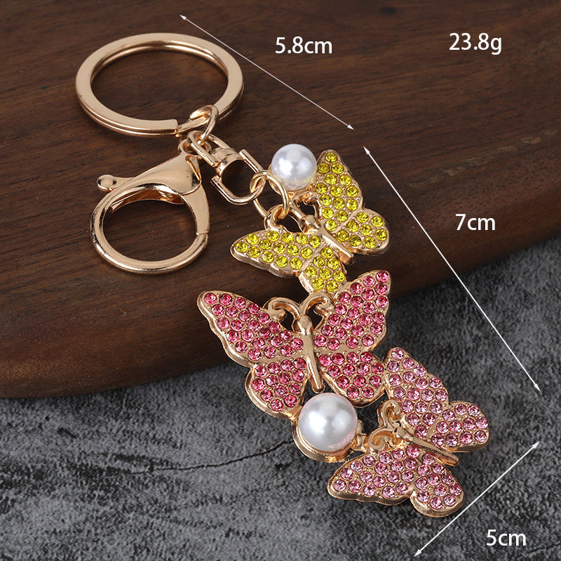 Rhinestone Pearl Butterfly Metal Keychain Bag Charm for Car Keys