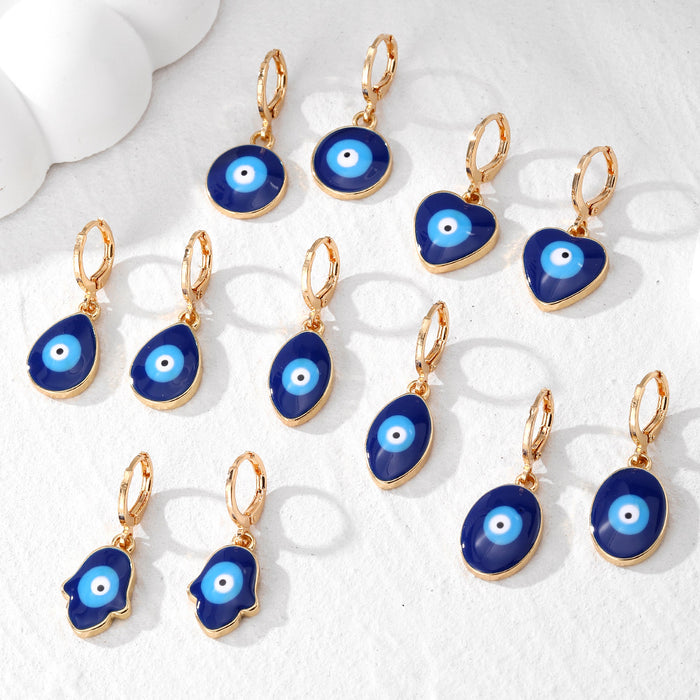 Gold Tone Blue Evil Eye Huggie Drop Earrings in Six Shapes
