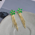Green Flower Gold Chain Extra Long Tassel Stud Earrings view 3