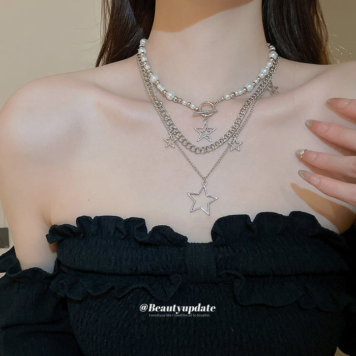 Gold Multilayer Star Pearl Necklace Set Three Layer Chains