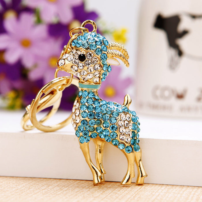 Jeweled Goat Keychain with Blue and Clear Crystal Panels