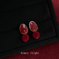 Gold Rim Burgundy Enamel Stud Earrings Velvet Pom Pom Drops view 3