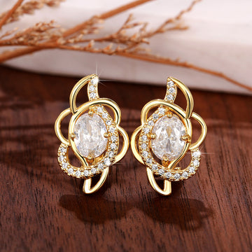 Gold Tone Floral Huggie Hoop Earrings With Clear Centers