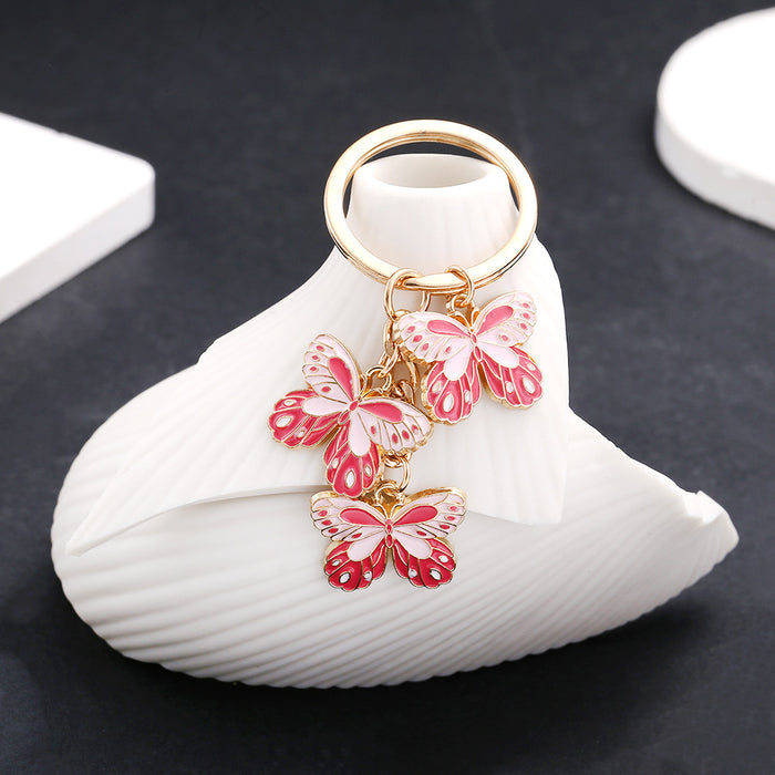 Three Pink Butterfly Cluster Keychain with Metal Hardware