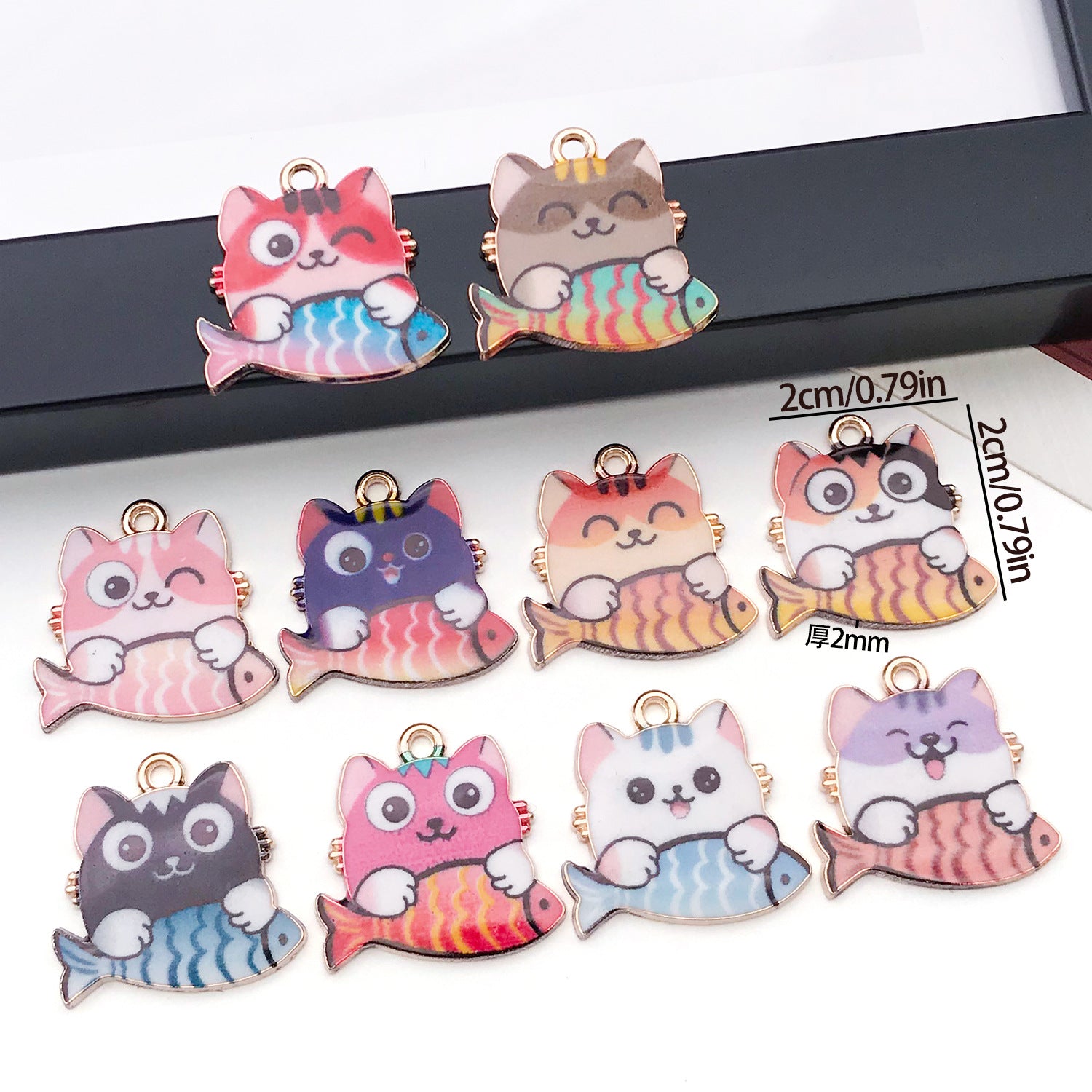 Zinc Alloy Enamel Cat Eating Fish Charm Pendant for DIY Keychain Necklace