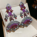 Silver Red and Pink Fan Drop Earrings with Ornate Fringe view 1