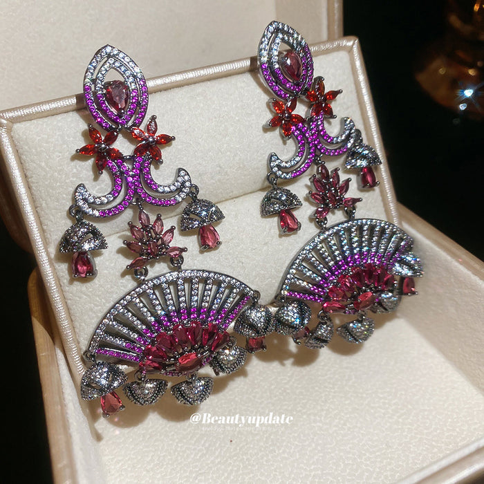 Silver Red and Pink Fan Drop Earrings with Ornate Fringe