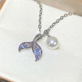 Silver Tone Mermaid Tail CZ Pendant Necklace With Pearl view 2
