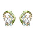 Gold Tone Green Leaf White Cat And Orchid Scene Stud Earrings view 5