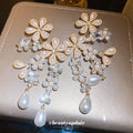 Pearl Petal Floral Cascade Stud Earrings with Polished Metal Tone Details view 2