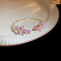 Gold Tone Leaf Crystal Open Bangle In Clear Pink Or Purple view 7