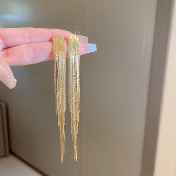Long Chain Fringe Statement Earrings in Twelve Metallic Styles