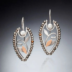 Mixed Metal Leaf Teardrop Drop Earrings Beaded Frame Pearl Pair