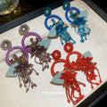 Colorful Floral Hoop Tassel Statement Stud Earrings view 2