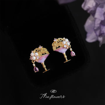 Gold Tone Purple Cocktail Glass Pearl And Clear Stone Stud Earrings