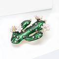 Gold Tone Green Enamel Cactus Brooch Flower Rhinestone Pin view 3
