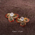 Gold Filigree Burgundy Enamel Flower Stud Clear Zircon view 3