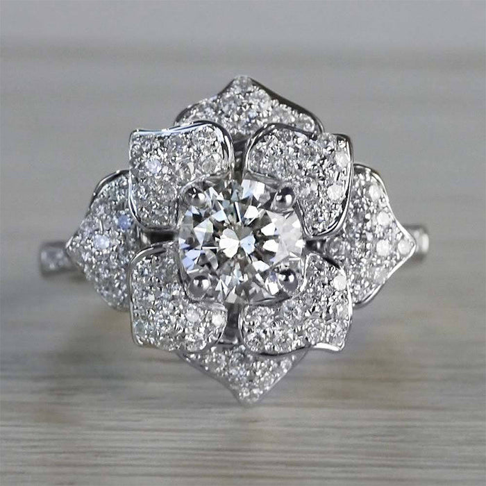 Silver Tone Layered Floral Cluster Statement Ring With Polished Clear Stone Detail