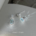 Silver Tone Aqua Teardrop Stone Halo Drop Stud Earrings view 4