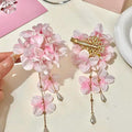Fabric Flower Duckbill Hair Clips with Pearl Chain Tassels view 2