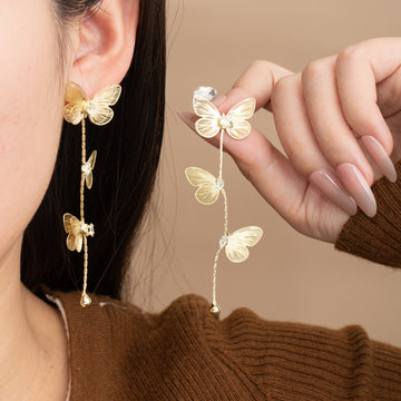 Gold Tone Butterfly Chain Tassel Long Stud Earrings