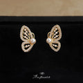 Gold Tone Clear Stone Butterfly Wing Pearl Center Stud Earrings view 1