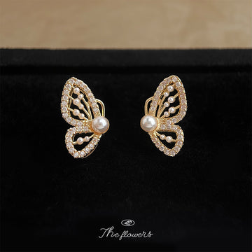 Gold Tone Clear Stone Butterfly Wing Pearl Center Stud Earrings