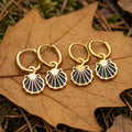 Gold Tone Black Enamel Scallop Shell Charm Hoop Earrings view 3