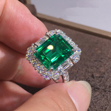 Emerald Green Rectangular Double-Halo Ring In Silver Tone