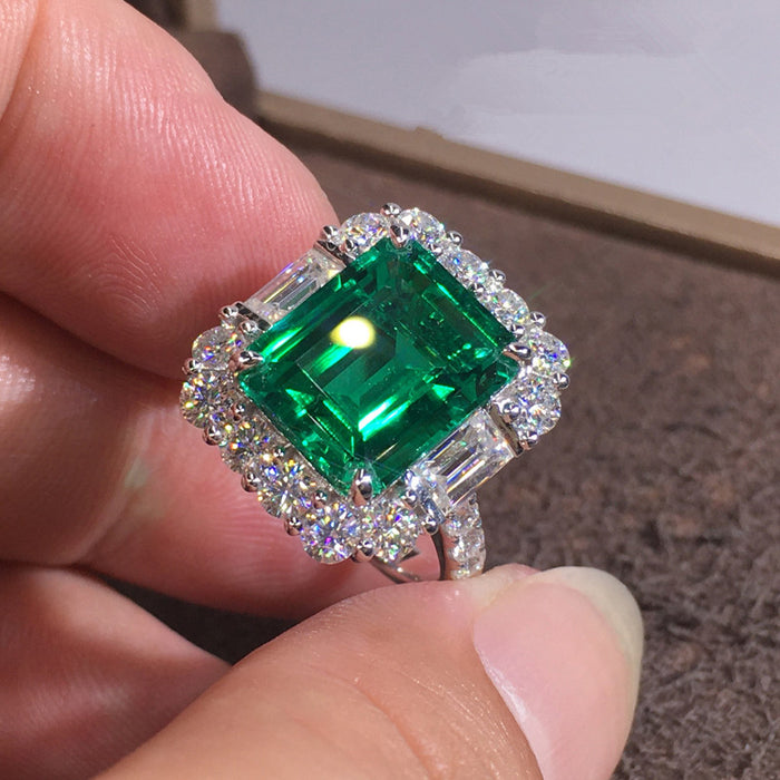 Emerald Green Rectangular Double-Halo Ring In Silver Tone