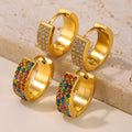 Pave Zircon Wide Huggie Hoop Earrings Gold Steel Multicolor view 2
