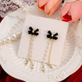 Black Velvet Bow Pearl Chain Crystal Tassel Earrings view 3