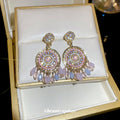 Pink Purple Beaded Round Tassel Statement Earrings view 2