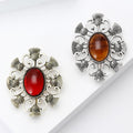 Antique Thistle Openwork Brooch Red Amber Cabochon Two Tones view 3