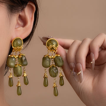 Olive Green Bead Gold Tone Long Chandelier Earrings